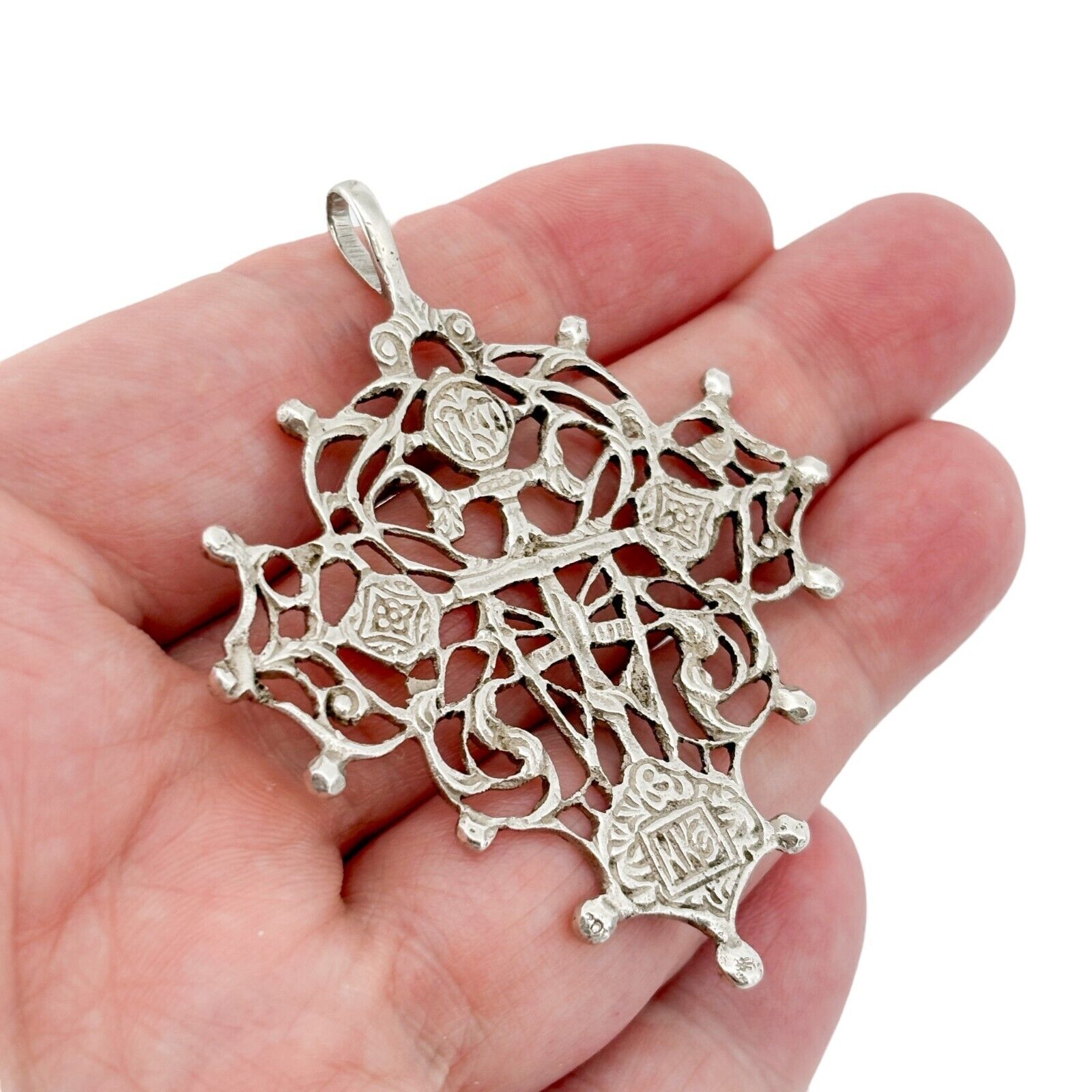 Antique 19th Century Russian Old Believers Ornate Reticulated Silver Cross 250$